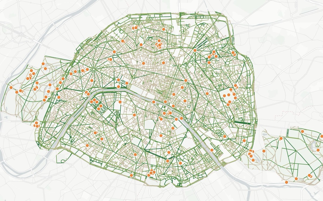 Carte des rues ombragées de Paris